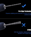 Blue cordless drill with masonry bit installed; Pro Edge Technology branding highlights centered drilling.