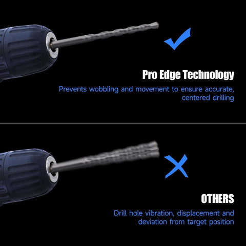 Blue cordless drill with masonry bit installed; Pro Edge Technology branding highlights centered drilling.