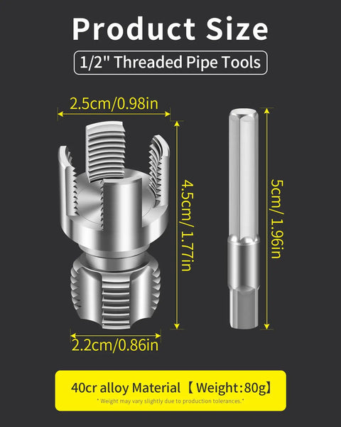 Dual Function Pipe Threading Tool For PVC Piping Internal And External Threads With 1/2 And 3/4 Dies, alloy steel, size dimensions.