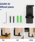Adjustable Sliding Barn Door Floor Guide With Rock Solid Heavy Duty Metal Base And Double Nylon Quiet Rollers For A Smooth As Butter Glide On Any Interior Door Frame In Sleek Black parts and installation examples for floor, wall, and window.