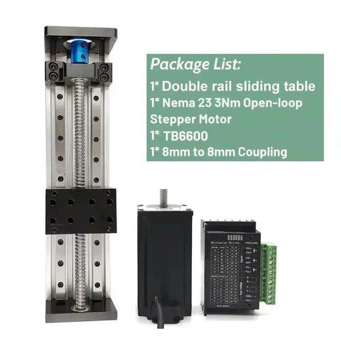 Premium One Piece Linear Rail Motor Kit With SFU1605 Ball Screw Available In 100 To 1200 Mm Sizes For CNC Routers And 3D Printers showing double rail slide and Nema 23 motor.