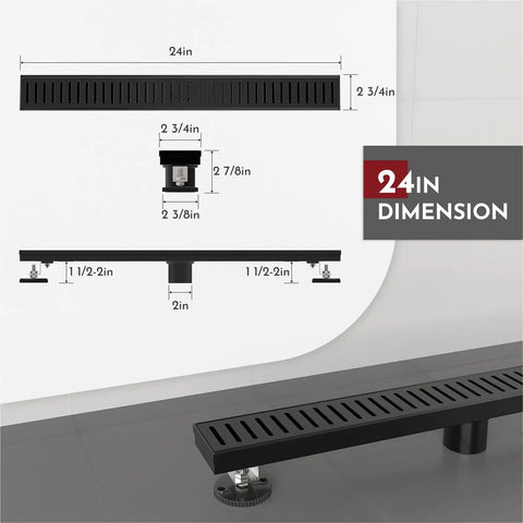 24 Inch Linear Shower Drain With Capsule Pattern Cover Grate, Rectangular Floor Drain In Matte Black SUS304 Stainless Steel, Removable Cover, CUPC Certified, No Hub Compatible, No Fuss Install, High Flow Drainage, Anti Clog Tech