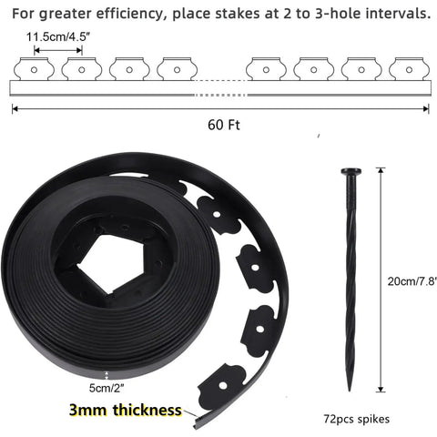 60 Foot Plastic Landscape Edging No Dig Black Lawn Border With 72 Stakes showing coil and stake dimensions.