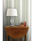 Farmhouse Matte Wallpaper Dope Linen Texture Hella Durable PVC Free Wall Covering in a cozy room with a lamp and books.