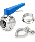 Front view of 4-inch stainless steel butterfly valve kit with blue lever, tri-clamp ferrule, and clamp.