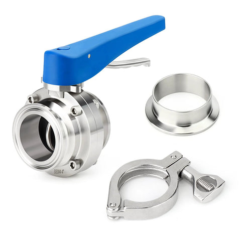 Front view of 4-inch stainless steel butterfly valve kit with blue lever, tri-clamp ferrule, and clamp.