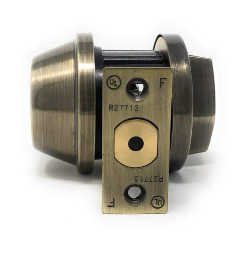 Boss Level Security Grade 2 Single Cylinder Deadbolt With Thumb Turn, Adjustable Backset, antique brass finish close-up