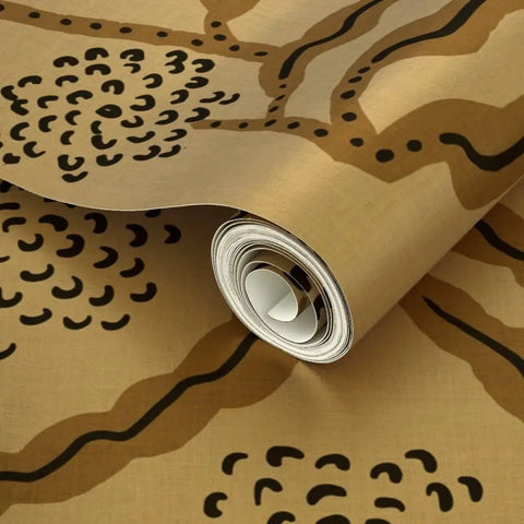Next Level Floral Stripe Wallpaper With Glitzy Khaki Gold Metallic Details And Textured Fibrous Finish, 2ft x 27ft roll on brown background.