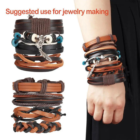 Real Deal 3mm Flat Genuine Leather Braiding String In Dark Espresso Brown Five Yards Long shown as bracelets for jewelry making.