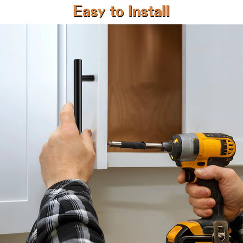 Installing 5 Pack 3-3/4 Inch Hole Centers Solid Stainless Steel Round T Bar Cabinet Pulls Black on kitchen cabinet with drill