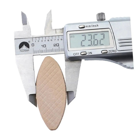 Beech Wood Biscuit Joining Set 100 Pcs Tenon Joint Tool Kit with digital caliper measuring connector, showing 23.62mm dimension
