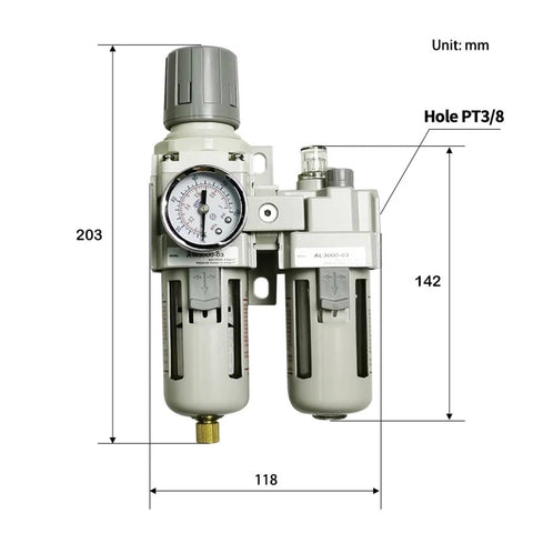 Diagram of Built Tough FRL Air Filter Regulator Lubricator Combo For Industrial Air Systems With Fiber Filter Oil Separator AC3010 03D