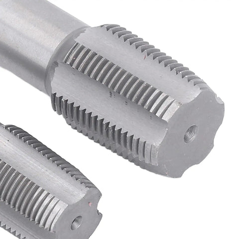 NPT Tap Set Six Piece Carbon Steel Pipe Threading Kit For Auto Shop Fixes Includes One Inch, Three Quarter Inch, One Half Inch, Three Eighth Inch, One Quarter Inch, One Eighth Inch Taps For Clean Starts, Precise Threads And Dependable Threading. close-up of carbon steel NPT taps