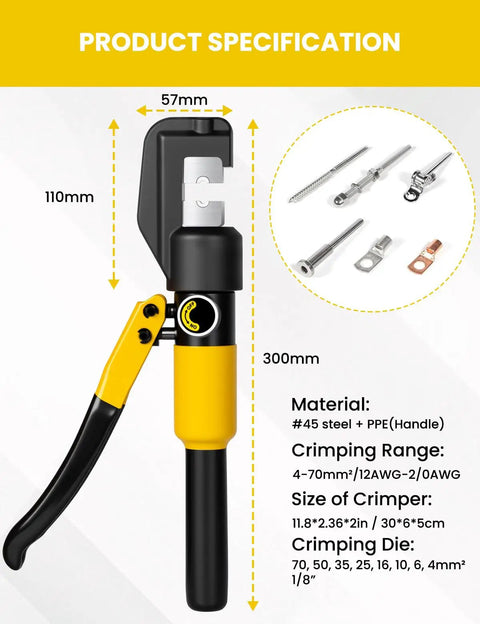 10 Ton Hydraulic Crimping Tool For Battery Cables And Lug Terminals With 9 Dies, Works On 12 AWG To 2/0 AWG Wires, Heavy Duty Cable Crimper