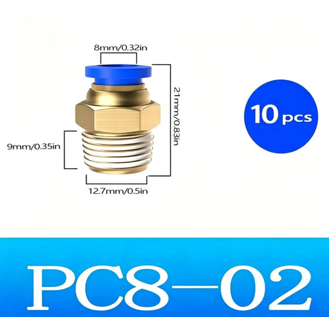 Premium 10Pcs Brass Push Fit Pneumatic Fittings Kit For Quick Connect Air Hose Straight Elbows Male Thread Swivel Ring Design Perfect For PU Nylon Tubing And Compressor Systems To Upgrade Your Workflow, PC8-02 fitting, 8mm
