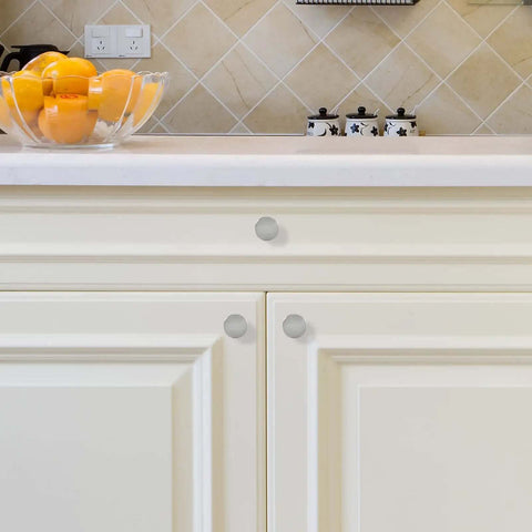 Killer Slick Brushed Nickel Cabinet Knobs and Dresser Knobs for Kitchen Bathroom Bedroom Drawer Hardware Replacement 15 Pack on white cabinets.