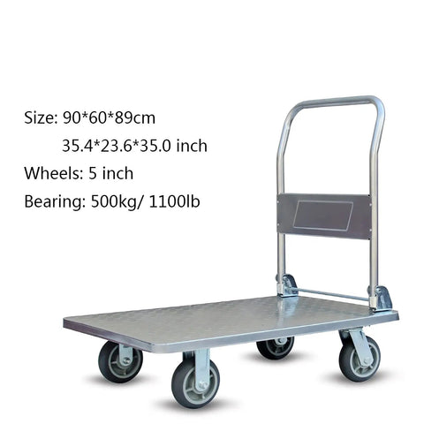 Heavy Duty Folding Flatbed Hand Cart Steel Platform Truck With Smooth Rolling Swivel Wheels For Moving Heavy Gear Garden Pots And Warehouse Storage Real Deal, featuring 5-inch wheels and 1100lb capacity.