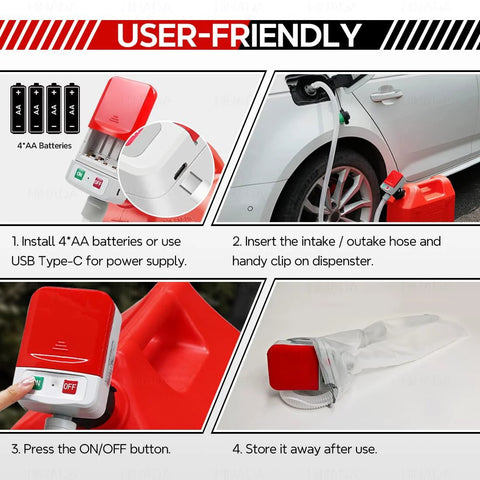 Auto Stop Fuel Transfer Pump with USB Type C or battery power, 51-inch hose, clip on dispenser, user-friendly installation