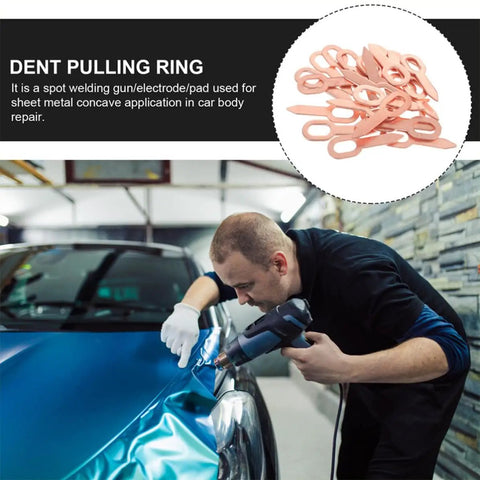 Dent Repair Kit With 200 Pcs Iron Dent Puller Washers for Auto Body Repair, technician utilizing dent pulling ring on car