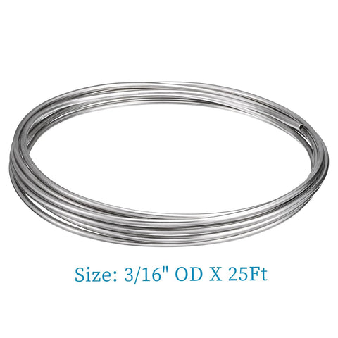 Stainless steel tubing coil, 3/16 OD x 25 ft, 304 welded tubing