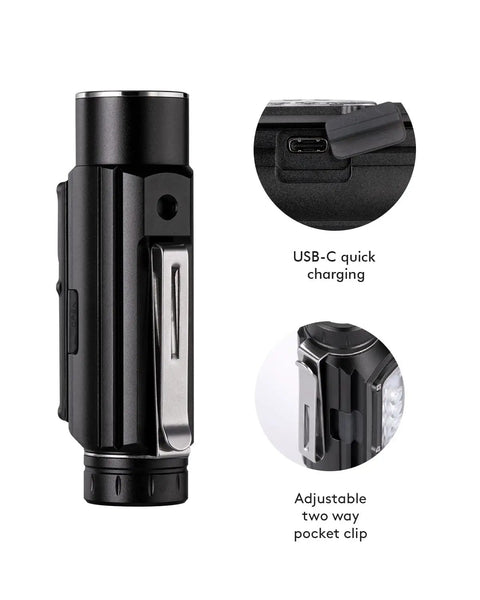 Close-up of Angel Eyes E700S Beast Mode Bright 2800 Lumen Front Light with USB-C port and adjustable pocket clip details.