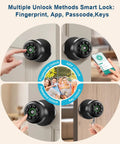 Smart Fingerprint Door Lock With Keypad And App Control 4 In 1 Biometric Door Knob With Passwords And Bluetooth Access Auto Lock Backup Key Keyless Entry For Bedroom Home Or Office Matte Black shown with multiple unlock methods.