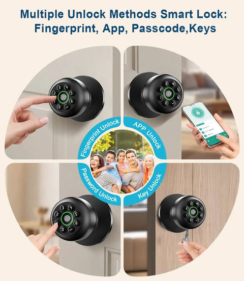 Smart Fingerprint Door Lock With Keypad And App Control 4 In 1 Biometric Door Knob With Passwords And Bluetooth Access Auto Lock Backup Key Keyless Entry For Bedroom Home Or Office Matte Black shown with multiple unlock methods.
