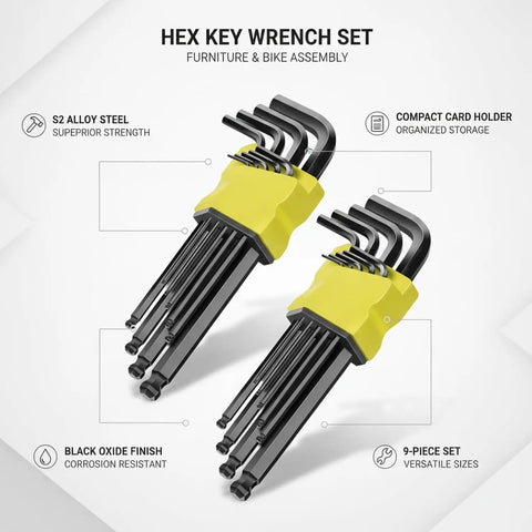 Heavy Duty Hex Key Wrench Set Made From S2 Alloy Steel With L-Shape Design For Furniture Assembly And Bike Repair Plus 9-Piece Tool Kit in card holder
