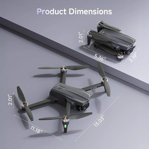 4K UHD GPS Drone With 13MP Camera For Adults And Beginners, 50 Minute Flight Time, Brushless Motors, shown folded and unfolded with dimensions