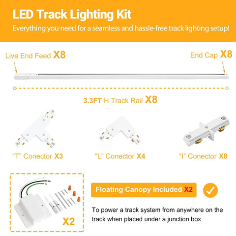 26 Foot H Track Lighting Rails Kit With Floating Canopy Connector White H Type Rails with connectors and live end feed components