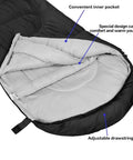 All Season Sleeping Bag for Adults and Kids, Lightweight Yet Warm Cold Weather Camping Gear With Water Resistant Shell and Ultra Cozy Interior showing inner pocket and drawstring hood in Dark Gray.