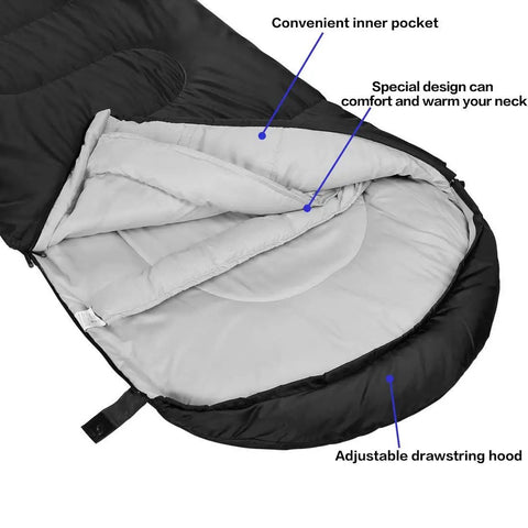 All Season Sleeping Bag for Adults and Kids, Lightweight Yet Warm Cold Weather Camping Gear With Water Resistant Shell and Ultra Cozy Interior showing inner pocket and drawstring hood in Dark Gray.