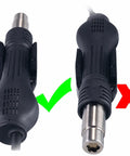 959D I Digital Hot Air Rework Station for SMD Reflow Soldering with nozzle details, correct and incorrect handle shown