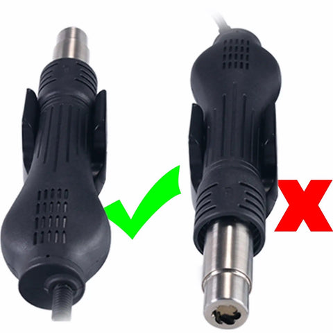 959D I Digital Hot Air Rework Station for SMD Reflow Soldering with nozzle details, correct and incorrect handle shown