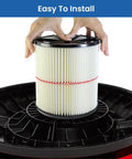 Hands installing Two Pack 38754 Replacement Filters For Wet Dry Vacuum Cleaners 5 To 20 Gallon Red Stripe General Purpose Replacement Filters