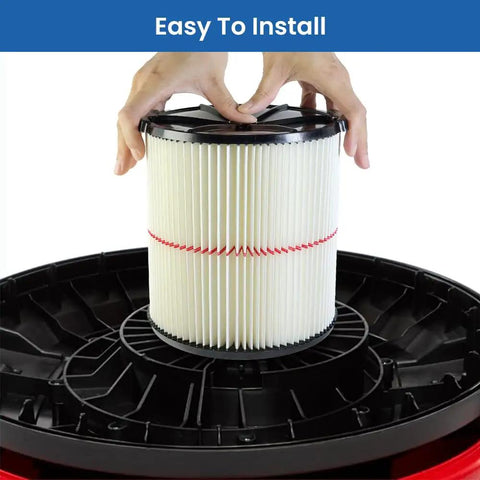 Hands installing Two Pack 38754 Replacement Filters For Wet Dry Vacuum Cleaners 5 To 20 Gallon Red Stripe General Purpose Replacement Filters