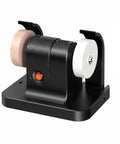 No-Nonsense Black Desktop Grinding Machine Featuring Heavy Duty Copper Motor For Robust Material Removal And Precision Sharpening Compact Bench Tool With Rock Solid Base Perfect For Crowded Workbenches And Pro Home Mechanics, side view of grinder with dual discs.