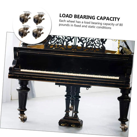 Heavy Duty Swivel Casters Engineered To Be Heavy Lifters For Workshop Benches And Storage Racks with black and gold details under a piano.