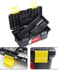 Lightweight 10 Inch Two Layer Plastic Toolbox for organizing tools and small machinery parts, open view showing compartments and latch
