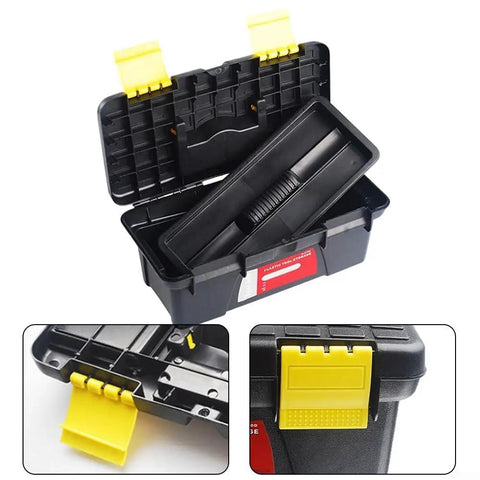 Lightweight 10 Inch Two Layer Plastic Toolbox for organizing tools and small machinery parts, open view showing compartments and latch