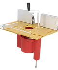 Heavy Duty Aluminum Alloy Router Table Insert Plate With Precision Lift Base And Hand Crank Dial For Dead On Woodworking Cuts Built Tough Flip Top Setup For Power Tools - gold and red design, precision controls visible.
