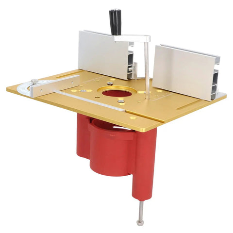 Heavy Duty Aluminum Alloy Router Table Insert Plate With Precision Lift Base And Hand Crank Dial For Dead On Woodworking Cuts Built Tough Flip Top Setup For Power Tools - gold and red design, precision controls visible.