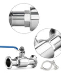 Front view of TAISHER 304 stainless sanitary ball valve kit with 2.5 inch tube OD, blue lever, tri-clamp ferrule.