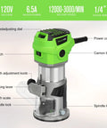 Slick Quick Release 6.5 Amp Compact Wood Router With Fixed Base showing speed adjustment dial and depth scale.