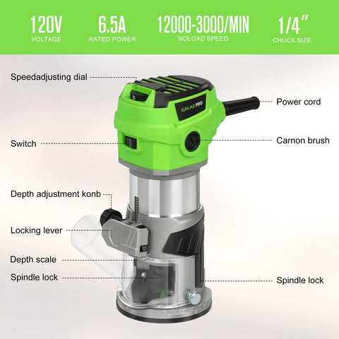 Slick Quick Release 6.5 Amp Compact Wood Router With Fixed Base showing speed adjustment dial and depth scale.