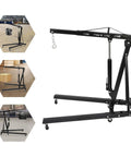 Built Tough Two Ton Hydraulic Engine Hoist With Folding Cherry Picker Design And Integrated Stands To Roll Right Through Your Garage While Lifting Motors With Six Iron Caster Wheels Guaranteed To Get The Job Done at various angles.