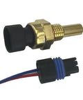 Close-up of engine coolant temperature sensor with pigtail connector; brass sensor, black housing, blue O-ring.