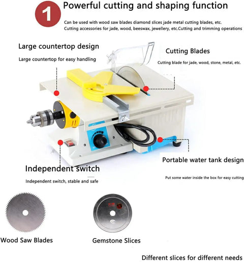 Badass Mini Lapidary Saw And Gem Grinder Polisher With Flexible Shaft, Heavy Duty Rock Cutter And Benchtop Craft Tool, Quick Precision Shaping 0 To 10000 Rpm 220v features a large countertop and cutting blades.