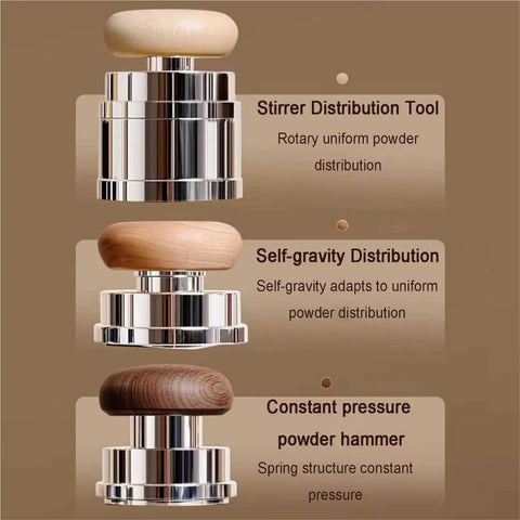 Top Shelf 58mm Espresso Tamper And Coffee Distributor Leveler Set Featuring Spring Loaded Pressure Build With Magnetic Base, tools for powder distribution.