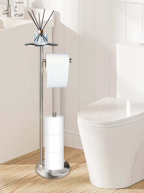 Freestanding Toilet Paper Holder With Storage In Brushed Nickel Stainless Steel Stand For Bathroom Fits 4 Rolls Extra Roll Storage Easy Dispense No More Empty Rolls Modern Bathroom Organizer next to toilet.
